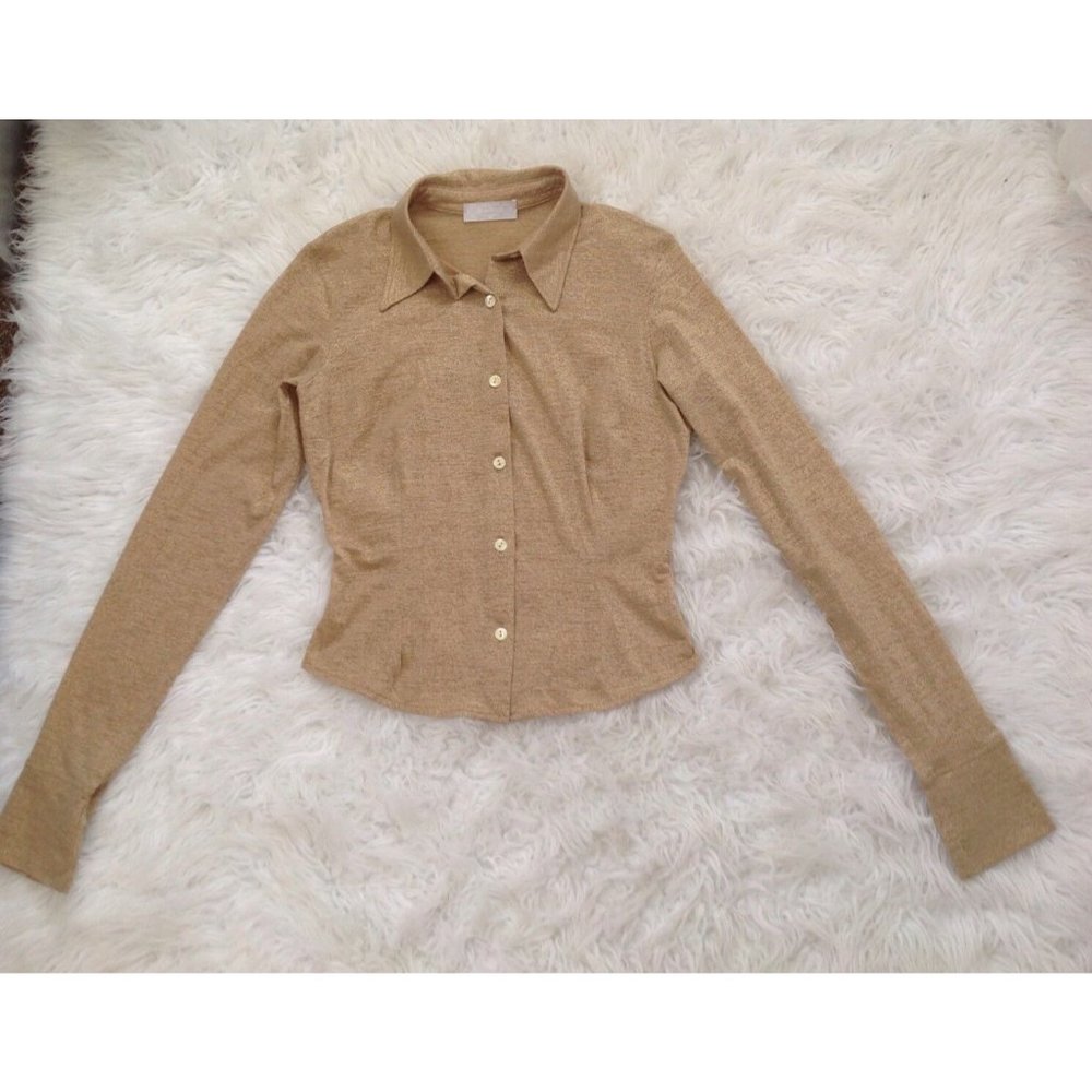 Womens TANDEM Size 38 Gold Sparkly Collared Button Down Long Sleeve Top